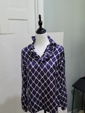 Elizabeth McKay Navy & Purple lkat Ruffle Collar Silk Blouse Sz 8, Quiet Luxury